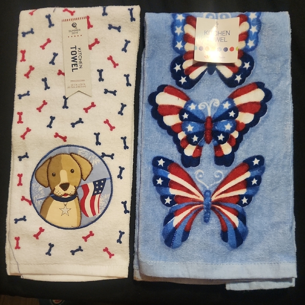 White and Blue Kitchen Linens with Patriotic Accents